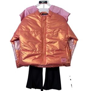 Reebok Girls 3-Pc Set Metallic Puffer Jacket Pink Tee & Black Leggings NWT